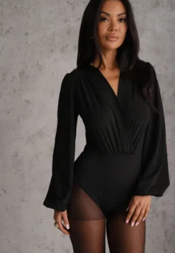 Czarne Kopertowe Body z Wiskozą z Długimi Rękawami w Stylu Bufek Biscuis