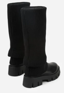 Czarne Kozaki Chunky z Dzianinową Cholewką Imitującą Nogawkę Fenema