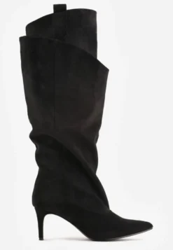Czarne Kozaki Slouchy na Szpilce z Warstwową Cholewką o Fakturze Zamszu Anida