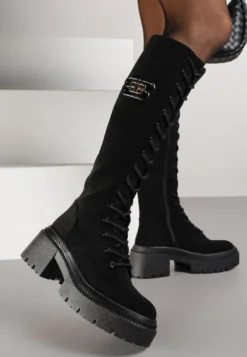 Czarne Kozaki Vices z Imitacji Zamszu w Stylu Grunge ze Sznurowaną Cholewką i Platformą Laurotte