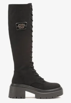 Czarne Kozaki Vices z Imitacji Zamszu w Stylu Grunge ze Sznurowaną Cholewką i Platformą Laurotte