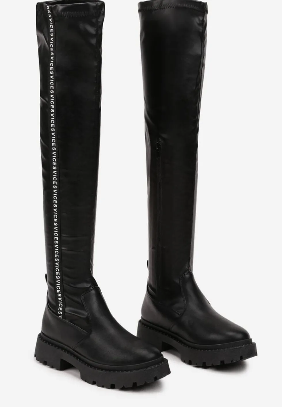 Czarne Kozaki z Dopasowaną Cholewką i Ozdobną Taśmą z Logo Naorema
