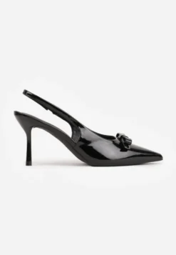 Czarne Lakierowane Szpilki Vices Typu Slingback z Kokardą Dorozia
