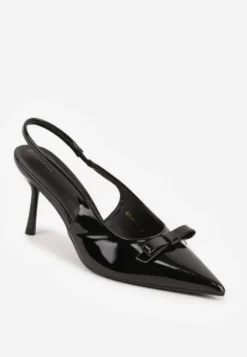 Czarne Lakierowane Szpilki Vices Typu Slingback z Kokardą Dorozia