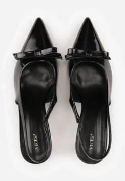 Czarne Lakierowane Szpilki Vices Typu Slingback z Kokardą Dorozia