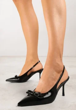 Czarne Lakierowane Szpilki Vices Typu Slingback z Kokardą Dorozia