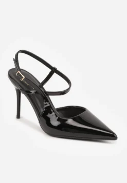 Czarne Lakierowane Szpilki z Paskiem Wokół Kostki w Eleganckim Stylu Orinania
