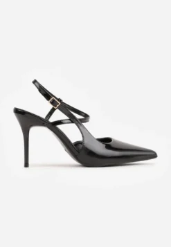 Czarne Lakierowane Szpilki z Paskiem Wokół Kostki w Eleganckim Stylu Orinania