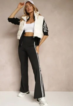 Czarne Legginsy Flare High Waist z Marszczeniem i Lampasami Kirsena