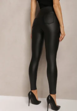 Czarne Legginsy High Waist z Imitacji Skóry Lindessa