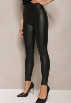 Czarne Legginsy High Waist z Imitacji Skóry Lindessa