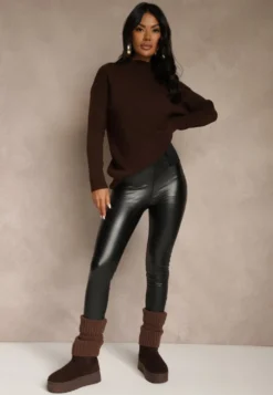 Czarne Legginsy z Imitacji Skóry High Waist z Ociepleniem Felilith