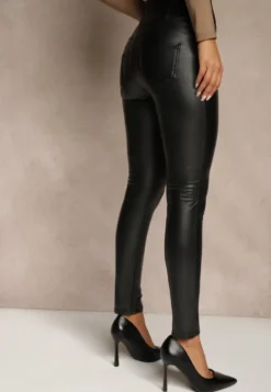 Czarne Legginsy z Imitacji Skóry High Waist z Ociepleniem Felilith