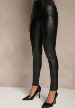 Czarne Legginsy z Imitacji Skóry High Waist z Ociepleniem Felilith