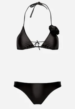 Czarne Minimalistyczne Bikini Wiązany Biustonosz z Kwiatem 3D i Majtki Figi Evaris