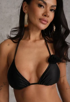 Czarne Minimalistyczne Bikini Wiązany Biustonosz z Kwiatem 3D i Majtki Figi Evaris
