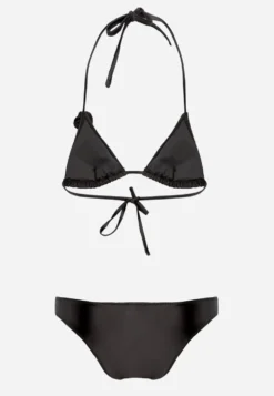 Czarne Minimalistyczne Bikini Wiązany Biustonosz z Kwiatem 3D i Majtki Figi Evaris