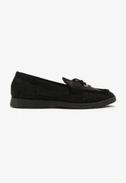 Czarne Mokasyny z Cholewką z Cyrkoniami Zdobione Aplikacją Tenurea
