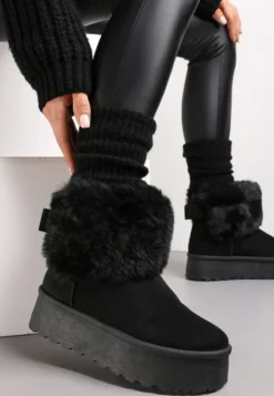 Czarne Śniegowce na Platformie z Ozdobnym Futerkiem Tiran
