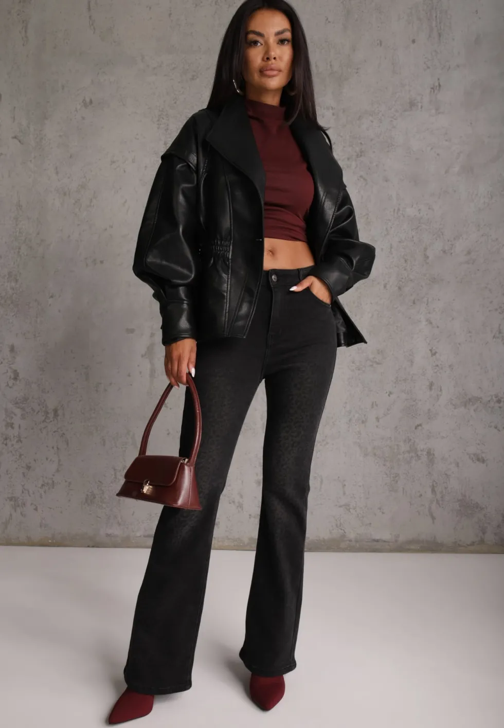 Czarne Panterkowe Jeansy Flare High Waist z Dużą Zawartością Bawełny Drienne