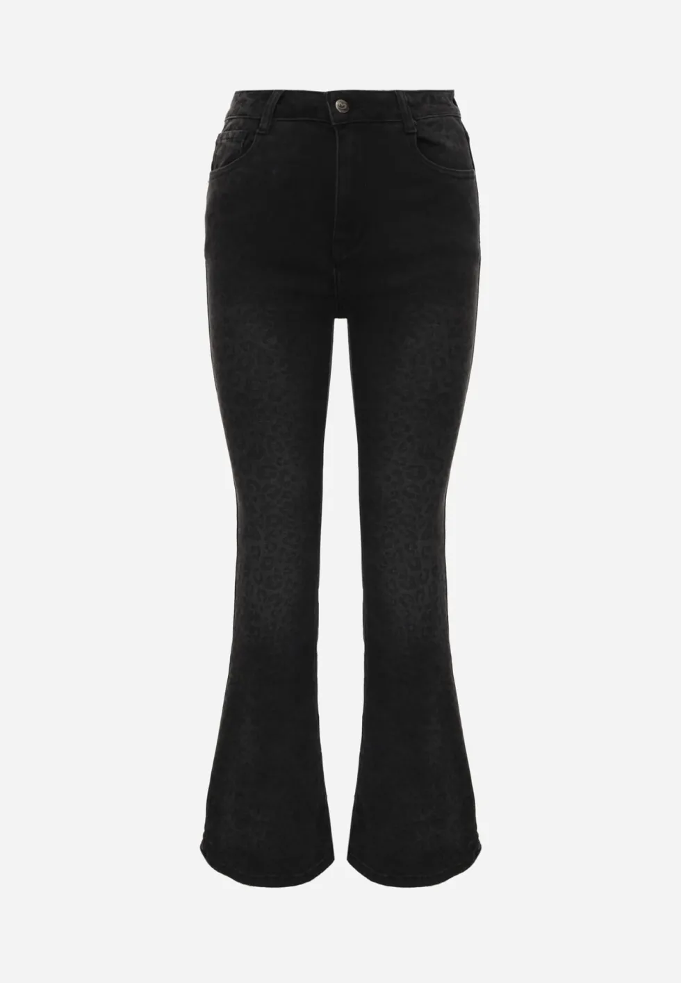 Czarne Panterkowe Jeansy Flare High Waist z Dużą Zawartością Bawełny Drienne