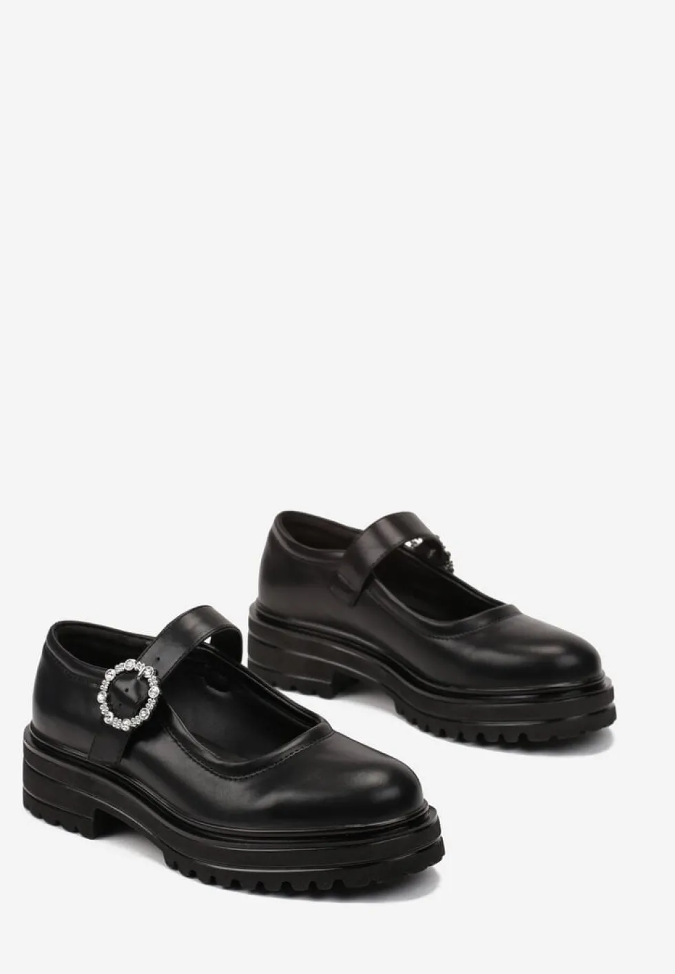 Czarne Półbuty Mary Jane na Grubej Podeszwie z Ozdobną Sprzączką Vezirea