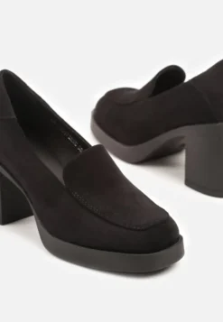 Czarne Półbuty w Stylu Loafersów na Słupku ze Skórzaną Wkładką Taltewi