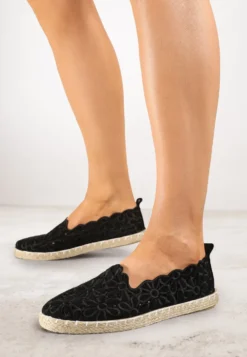 Czarne Plecione Espadryle Vices z Kwiatowym Motywem z Ażurowymi Wycięciami Honavia