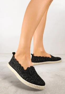 Czarne Plecione Espadryle Vices z Kwiatowym Motywem z Ażurowymi Wycięciami Honavia