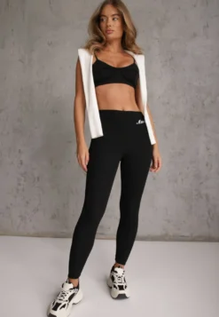 Czarne Prążkowane Legginsy High Waist z Haftowanym Napisem z Boku Eunedeia