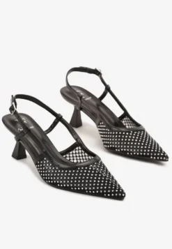 Czarne Sandały na Kaczuszce Slingback z Siateczkową Cholewką i Cyrkoniami Velionna
