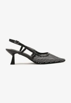 Czarne Sandały na Kaczuszce Slingback z Siateczkową Cholewką i Cyrkoniami Velionna