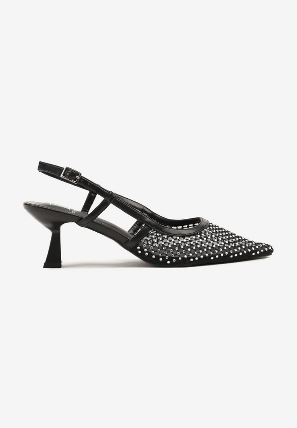 Czarne Sandały na Kaczuszce Slingback z Siateczkową Cholewką i Cyrkoniami Velionna