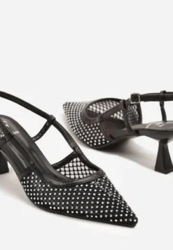 Czarne Sandały na Kaczuszce Slingback z Siateczkową Cholewką i Cyrkoniami Velionna