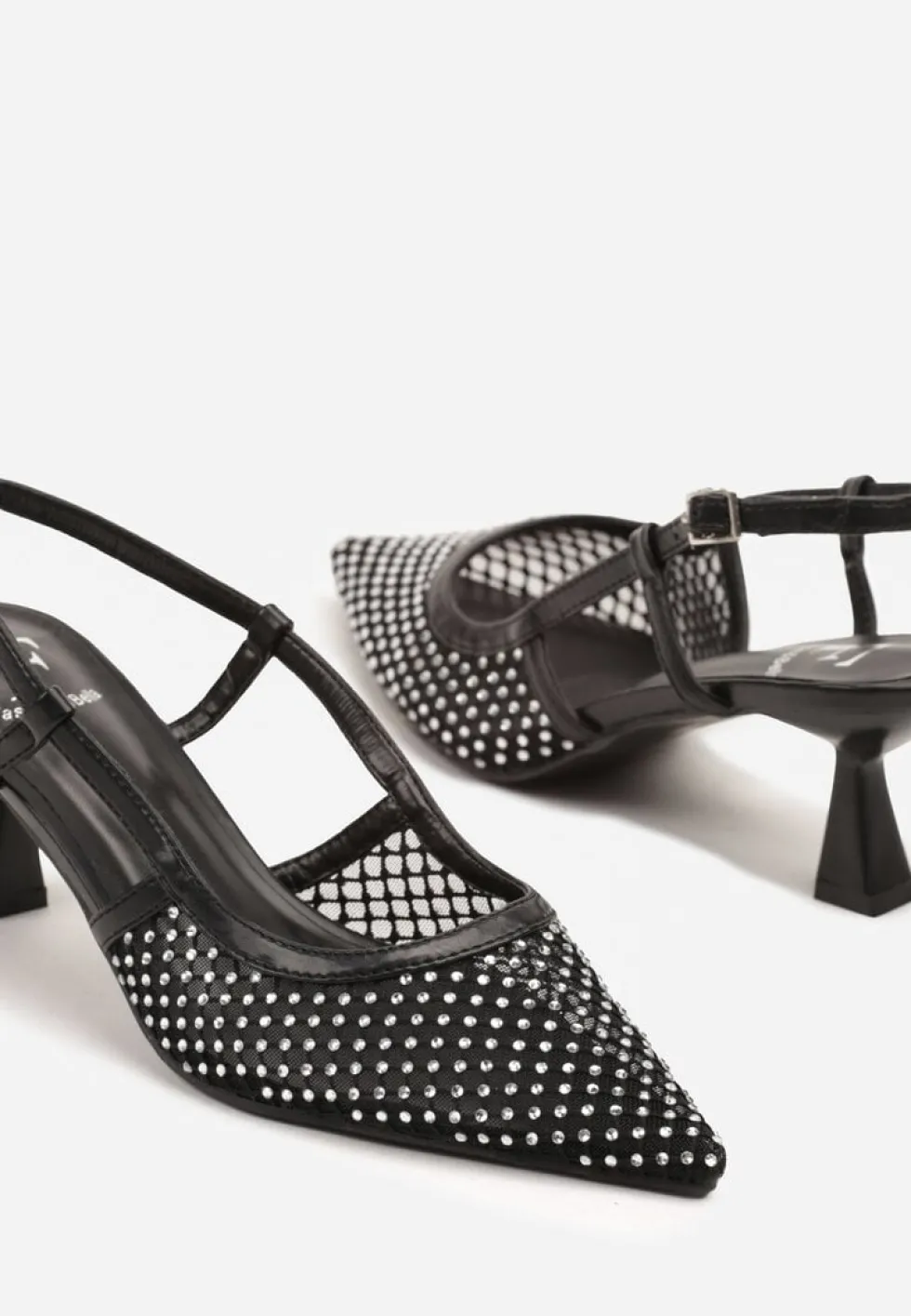 Czarne Sandały na Kaczuszce Slingback z Siateczkową Cholewką i Cyrkoniami Velionna