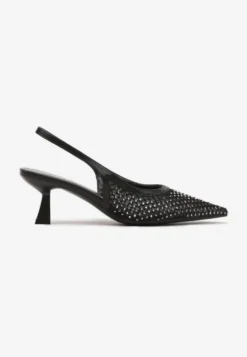 Czarne Sandały na Kaczuszce Slingback z Siateczkową Cholewką Ozdobione Cyrkoniami Vilfitis
