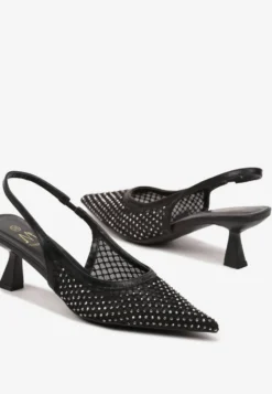Czarne Sandały na Kaczuszce Slingback z Siateczkową Cholewką Ozdobione Cyrkoniami Vilfitis