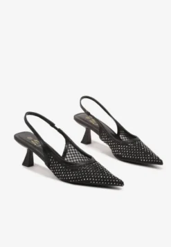 Czarne Sandały na Kaczuszce Slingback z Siateczkową Cholewką Ozdobione Cyrkoniami Vilfitis
