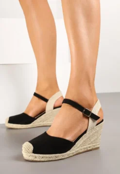 Czarne Sandały na Koturnie w Stylu Espadryli Ozdobione Plecionką Iladira