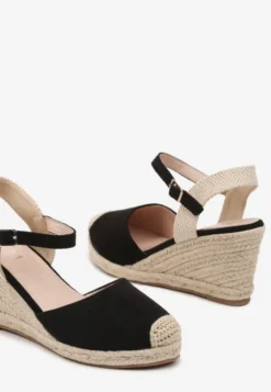 Czarne Sandały na Koturnie w Stylu Espadryli Ozdobione Plecionką Iladira