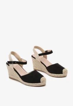 Czarne Sandały na Koturnie w Stylu Espadryli Ozdobione Plecionką Iladira