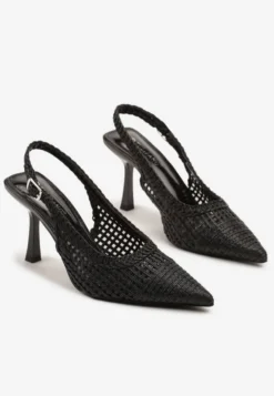 Czarne Sandały na Szpilce Typu Slingback Ozdobione Plecionką Meranoria