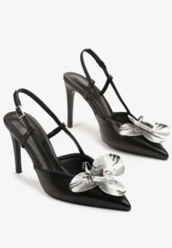 Czarne Sandały na Szpilce Vices Slingback z Kwiatem 3D Koviano
