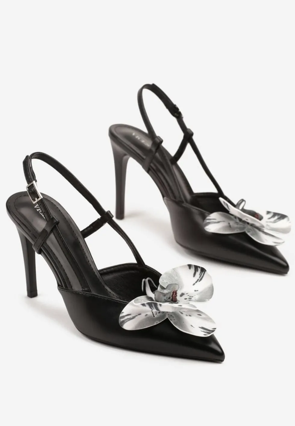 Czarne Sandały na Szpilce Vices Slingback z Kwiatem 3D Koviano