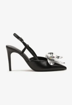 Czarne Sandały na Szpilce Vices Slingback z Kwiatem 3D Koviano