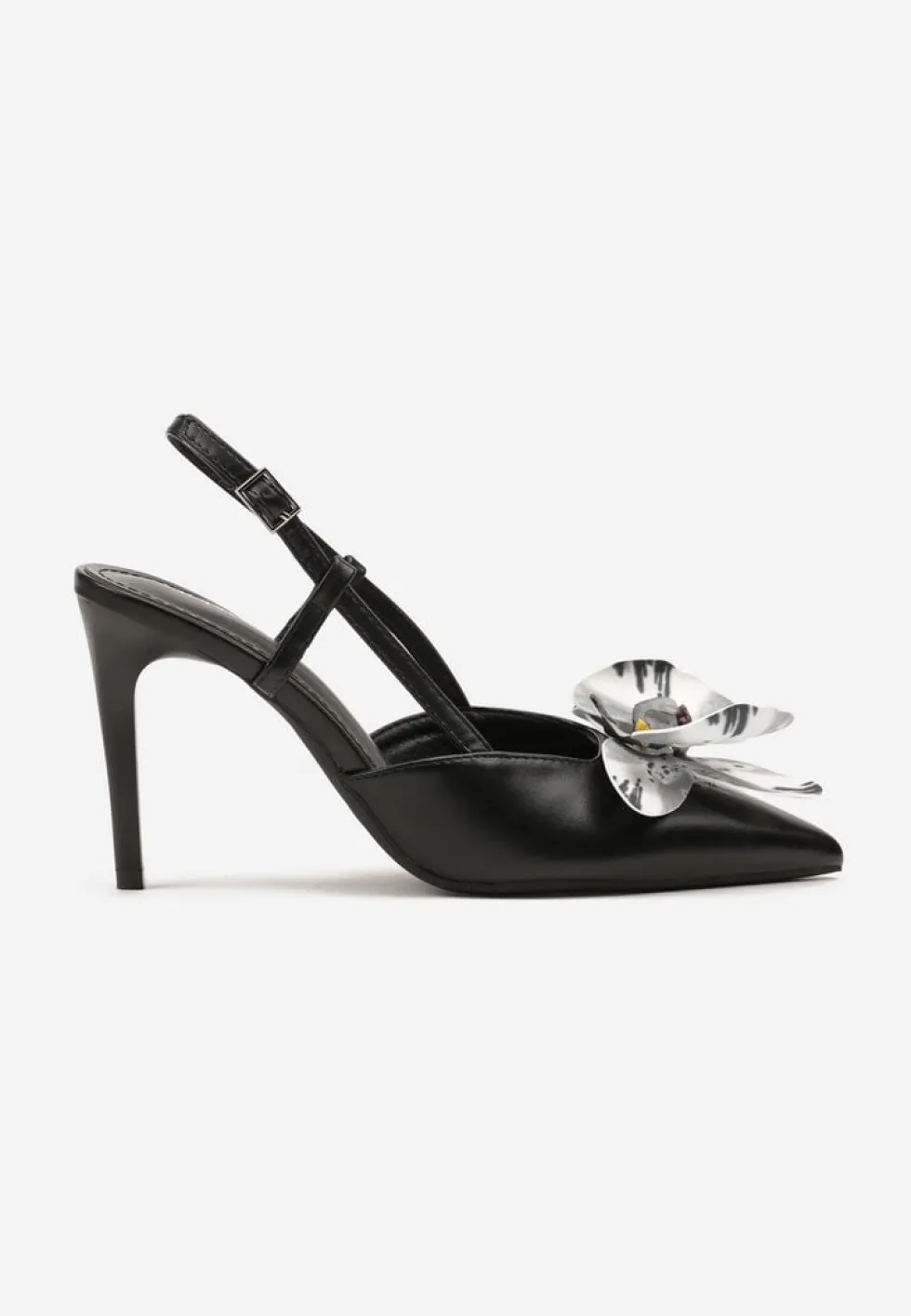 Czarne Sandały na Szpilce Vices Slingback z Kwiatem 3D Koviano