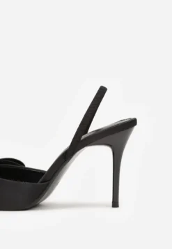 Czarne Sandały Satynowe na Szpilce Slingback Ozdobione Kokardą Daemoris