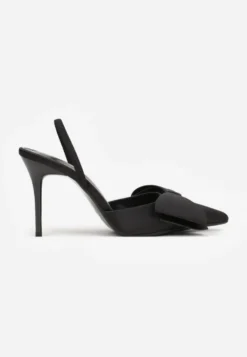 Czarne Sandały Satynowe na Szpilce Slingback Ozdobione Kokardą Daemoris