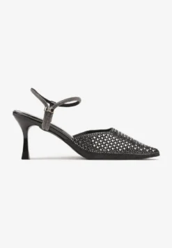 Czarne Sandały Slingback na Szpilce ze Szpiczastym Noskiem z Cyrkoniami Dimena