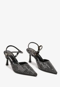 Czarne Sandały Slingback na Szpilce ze Szpiczastym Noskiem z Cyrkoniami Dimena
